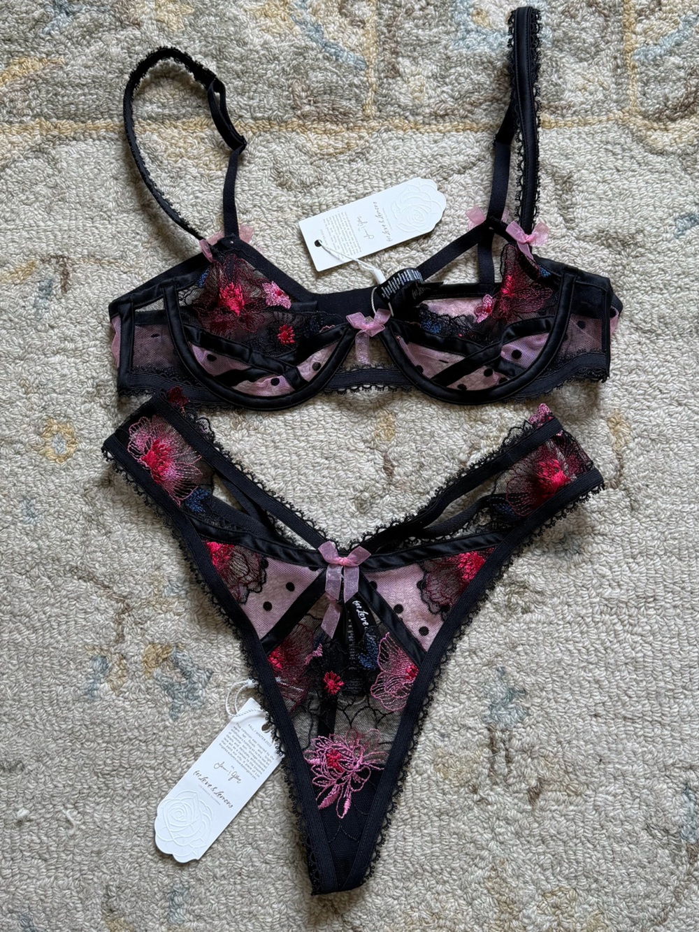 For Love And Lemons Black Lace Bra & Thong with Pink and Red Embroidery